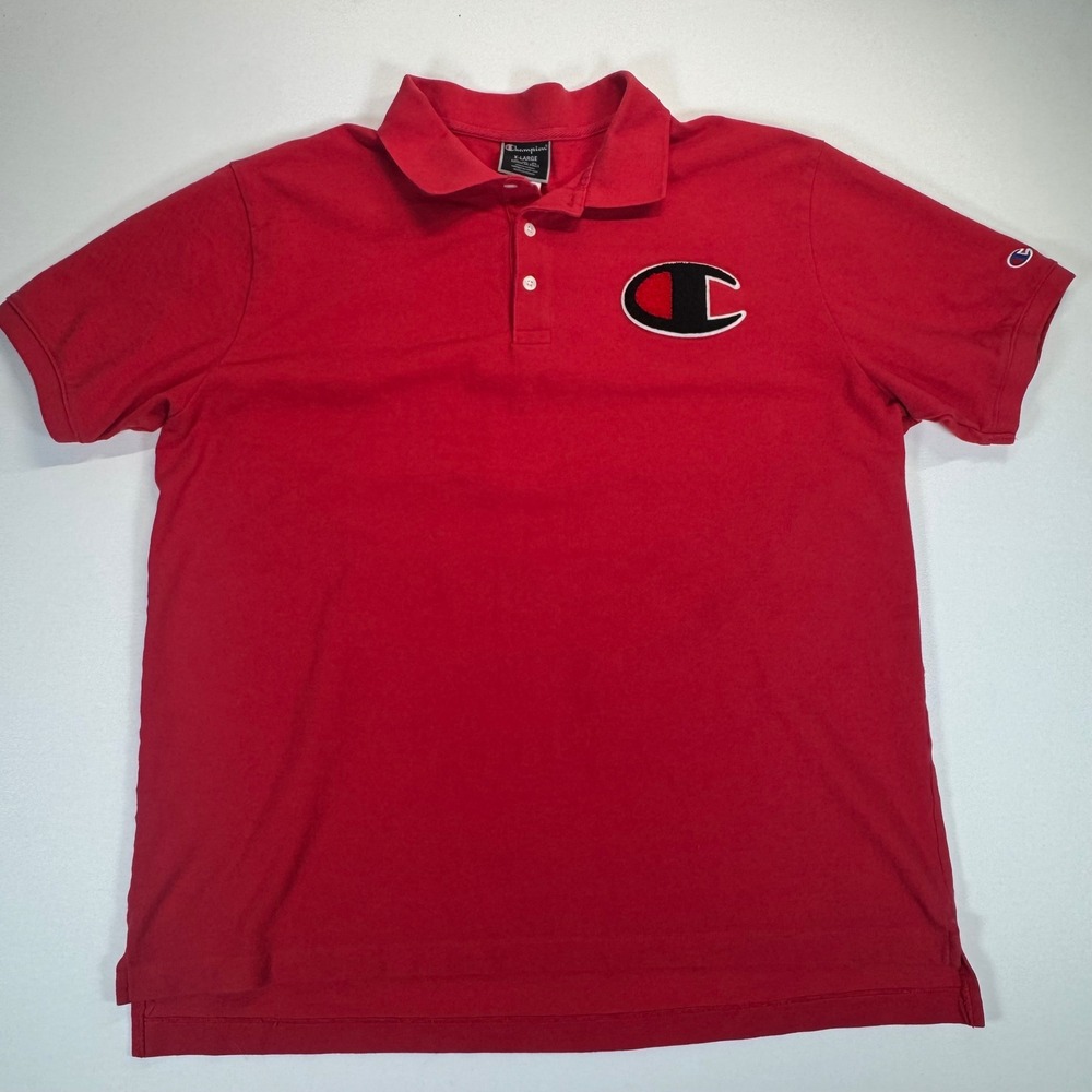 Champion‎ Mens Red Polo Shirt Big C Chenille Logo Script Back T5784 XL